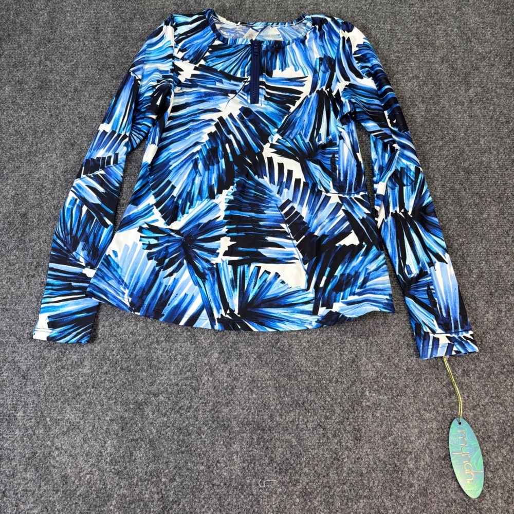 Mynah Rash Guard Swim Top Womens XS Blue Tropical Palm UPF 50 NWT Quarter Zip